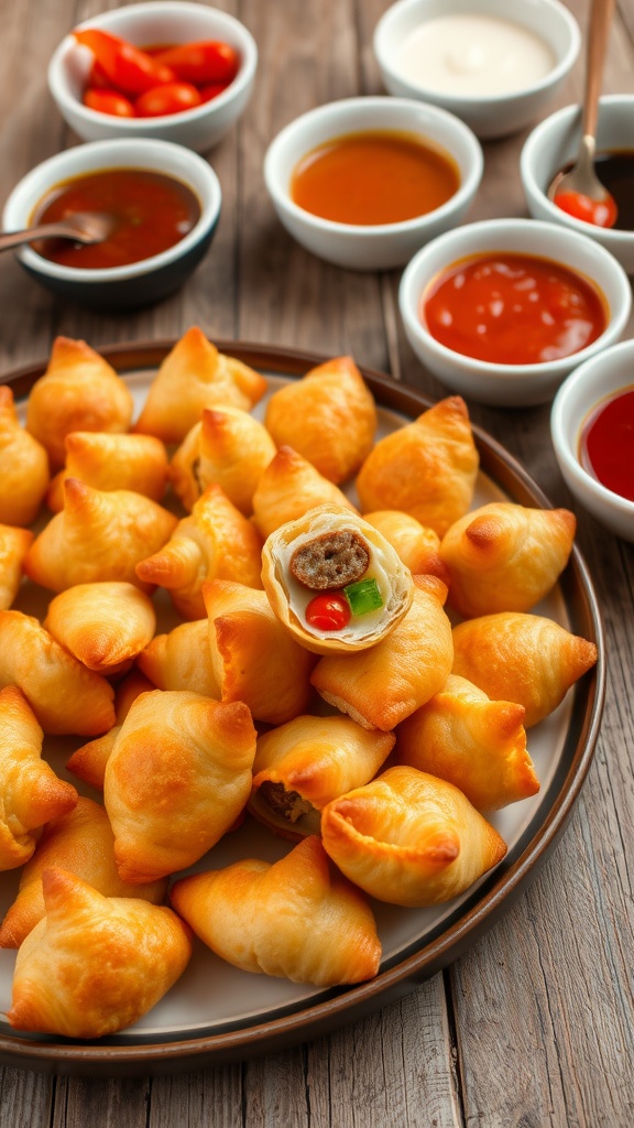A delicious array of savory puff pastry appetizers with assorted fillings and dipping sauces on a wooden table.